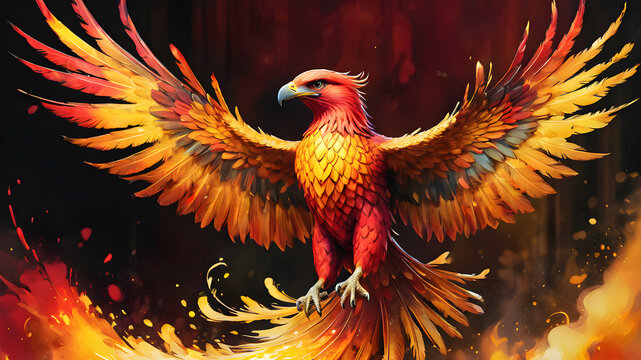 Phoenix bird fire fantasy firebird abstract magic 3D eagle animal. Phoenix bird fire tale character illustration render hawk fairy wings graphic feather gold background, Generative AI