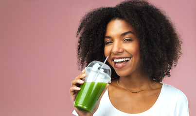 Happy, wellness and portrait of woman with green juice for detox, nutrition or health diet. Smile,...