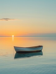A serene seascape at sunrise, capturing the soft, golden glow of early morning light over calm waters. In the foreground, a solitary small wooden boat gently floats, generated with AI