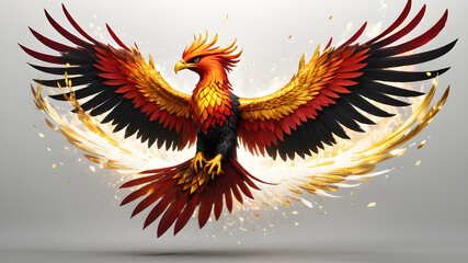 Fototapeta premium Phoenix bird fire fantasy firebird abstract magic 3D eagle animal. Phoenix bird fire tale character illustration render hawk fairy wings graphic feather gold background, Generative AI