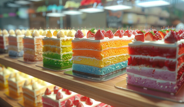 Different cakes on the shelves in the store. Generative AI