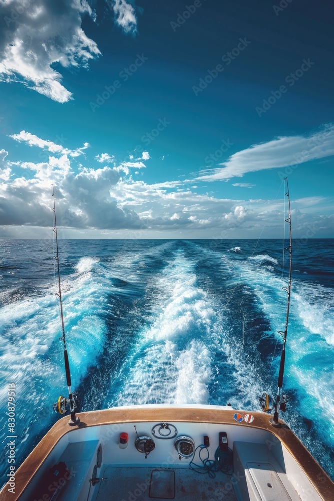 Poster a serene view of the ocean from the back of a boat. perfect for travel and vacation concepts