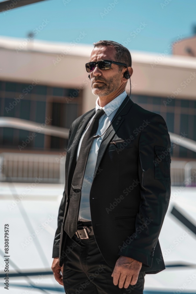 Poster A man in a suit and tie standing in front of a car. Ideal for business and transportation concepts