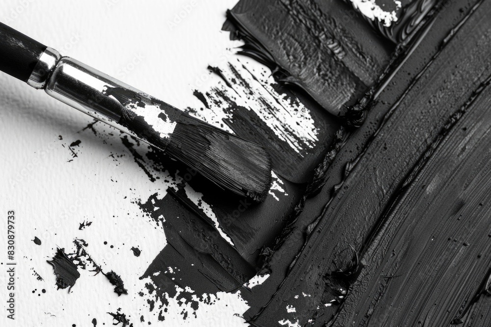 Poster A paintbrush with black paint on a white surface. Suitable for art and design projects