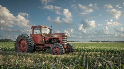 Fototapeta premium A stunning photograph of a vintage red tractor parked amidst a a lush green corn field, rustic charm, generated with AI