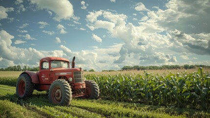 Fototapeta premium A stunning photograph of a vintage red tractor parked amidst a a lush green corn field, rustic charm, generated with AI