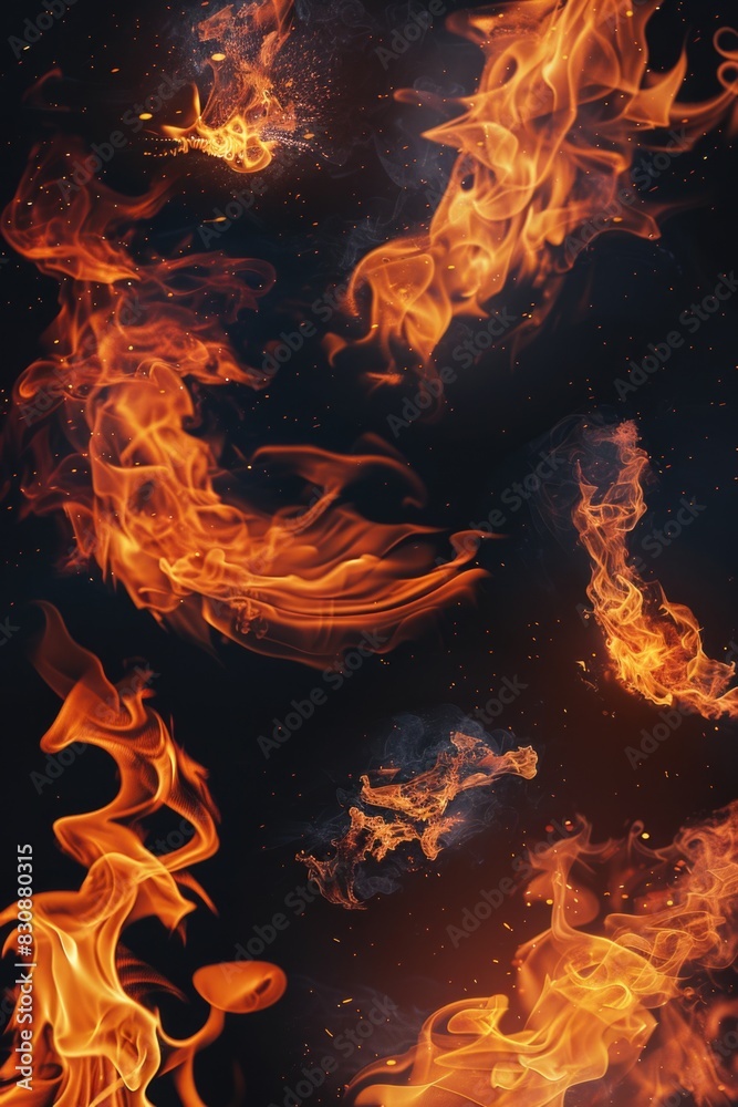 Poster a collection of fiery flames on a dark black backdrop. suitable for various design projects