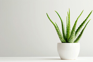 Aloe vera plant with thick green leaves in a stylish white ceramic pot against a clean, neutral background with copy space