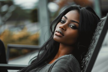 Fototapeta premium Close-up portrait of a serene African woman with striking makeup.