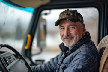 Middle aged trucker wearing hat driving truck. Professional middle aged truck driver in casual clothes driving truck vehicle and delivering cargo to destination.