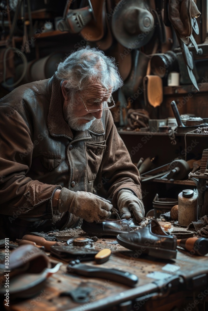 Poster a man focused on woodworking in a workshop. ideal for carpentry and diy projects