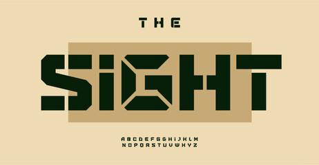 Sport stencil alphabet, heavy geometric letters, block strong font for powerful headline, military logo, urban graffiti, combat, industrial, futuristic tech, sport, shooter game, striking typeset
