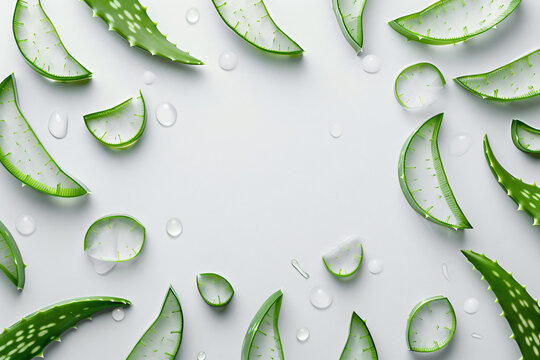 Top view of sliced aloe vera leaves arranged on a white surface, with pure water droplets, depicting natural skincare ingredients