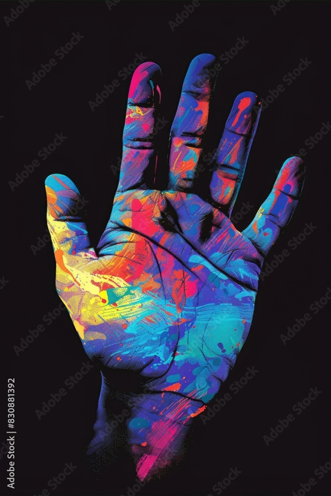 Poster a person's hand painted with multicolored paint. suitable for artistic projects