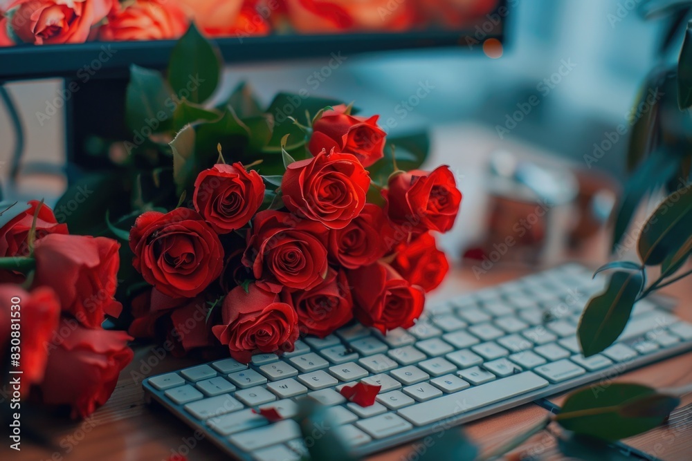 Poster Red roses bouquet next to a computer keyboard. Suitable for romantic concepts or technology themes
