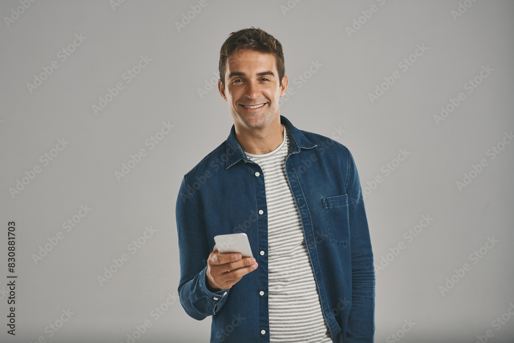 Poster studio, man and portrait with mobile for laugh, funny news and comedy with contact by mockup. creati