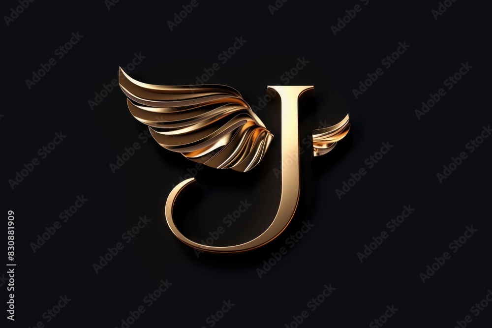 Poster Golden letter J with wings on a black background, suitable for various design projects