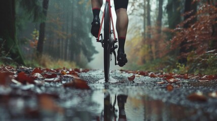 A person riding a bike on a wet road, suitable for outdoor activities promotion
