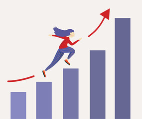 Metaphor - woman jumping thru posts, bar chart.Goal achieving. Goal driven. Happy and goal oriented, career, climbing corporate ladder . 