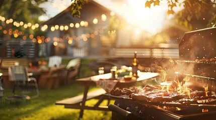 Outdoor backyard barbecue with grill, festive lights, and table setting during sunset. Perfect for summer gatherings and cookouts.