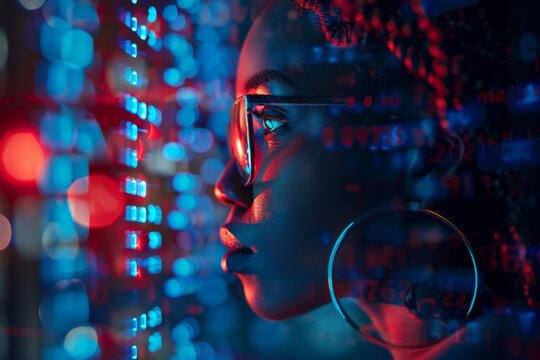 A close-up of a woman's face with digital binary code projections suggesting technology influence