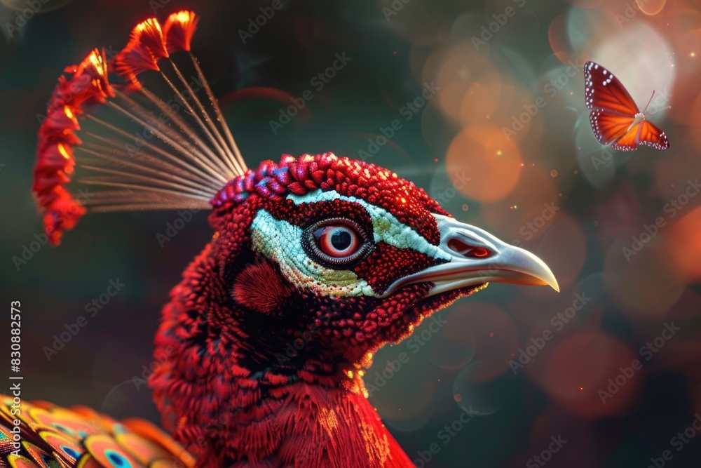 Poster close up of a bird with a butterfly in the background. suitable for nature and wildlife themes