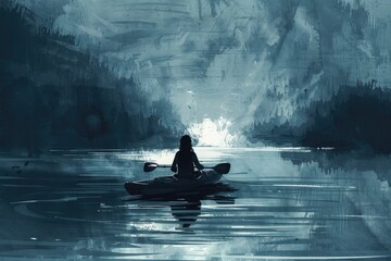 A person enjoying a peaceful kayak ride on a serene lake. Suitable for outdoor and recreational themes