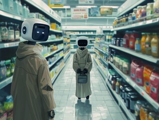 Two robots in trench coats stand in a supermarket aisle, surrounded by shelves of various products.