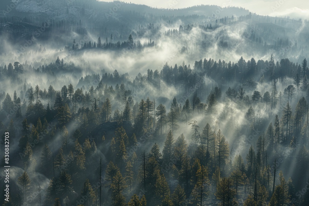 Poster Sunlight filtering through misty forest scene, ideal for nature and environment concepts