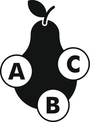 Monochrome vector illustration of a pear with letters a, b, and c for educational themes
