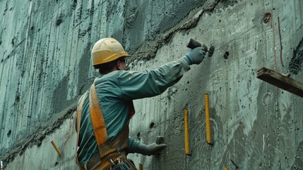 A construction worker is seen working on a wall. Suitable for construction and renovation concepts