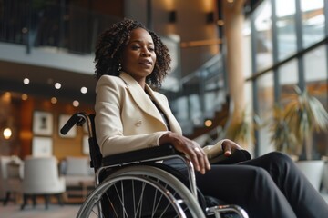 Empowered female professional in a wheelchair exuding confidence and elegance
