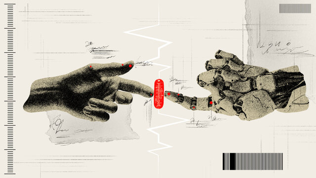 Human hand and robotic hand reaching red pill. Human capabilities and robotic innovations. Contemporary art collage. Concept of science, innovation, surrealism, modern technologies