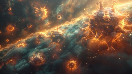 Fototapeta premium Captivating Cosmic Inferno A Breathtaking Interstellar Display of Galactic Energies and Luminous Phenomena