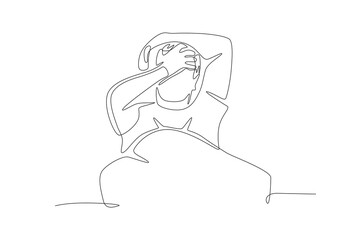 Frustrated man having trouble sleeping holding his head. Struggling to sleep concept one-line drawing