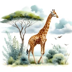 Fototapeta premium Watercolor illustration of cute giraffe and acacia tree on wite background. 