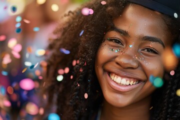 Young girl joyously smiling with confetti and glitter on her face