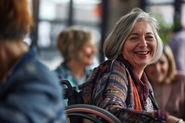 An elderly woman with silver hair smiles warmly at a social event, displaying a sense of joy and community