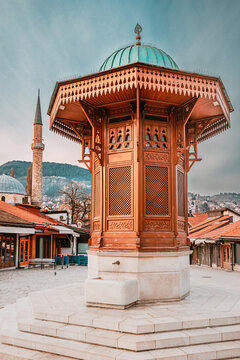 The iconic Sebilj fountain stands proudly in the heart of Sarajevo's historic Bascarsija district, a symbol of the city's rich heritage.