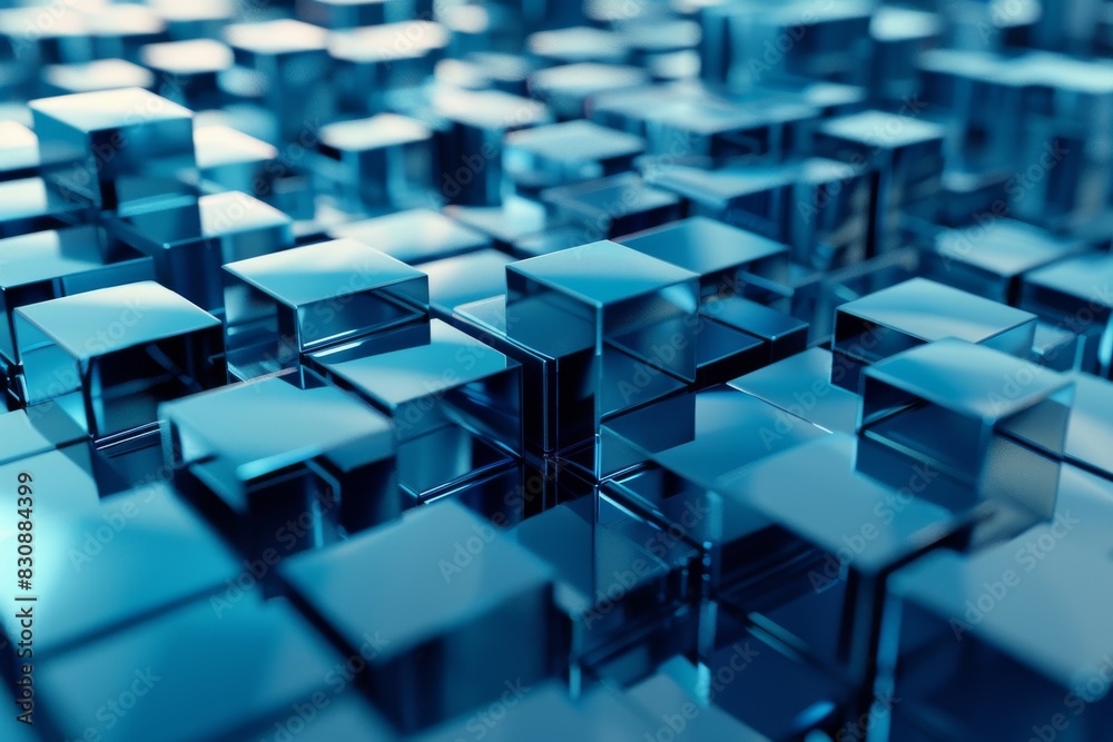 Poster a 3d rendering of a vast array of reflective blue cubes creating an endless geometric pattern