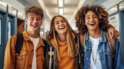 diverse junior school students children group looking at camera standing in classroom. Smiling multiethnic cool boys and girl friends posing for group portrait together.
