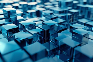 A 3D rendering of a vast array of reflective blue cubes creating an endless geometric pattern