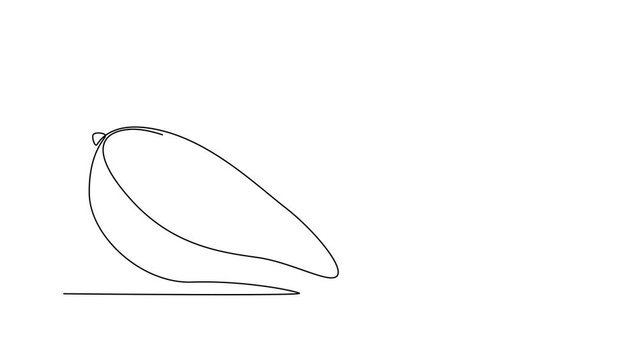 Animated self drawing of continuous line draw of half sliced healthy organic mangoes for orchard logo identity. Fresh tropical fruitage concept for fruit garden icon. Full length single line animation