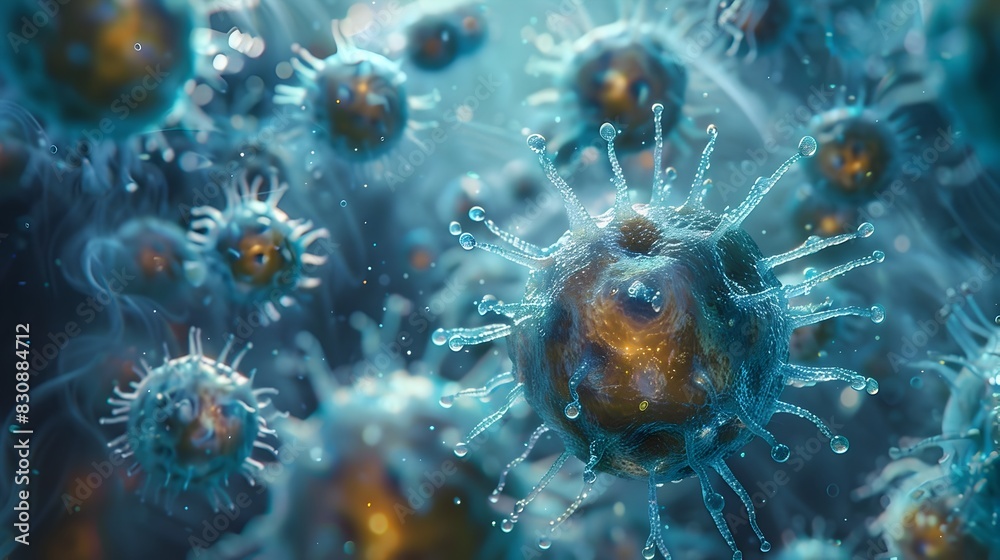 Leinwandbilder closeup view of colorful microscopic viral structures in dynamic digital
