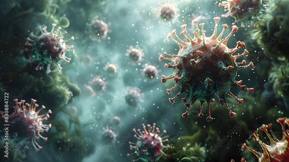 Poster closeup view of detailed microscopic coronavirus particles or covid 19 viruses clustered together in