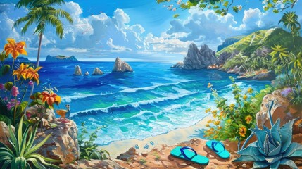 Scenic coastal view featuring azure ocean and flip flops