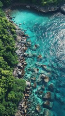 aerial view image of a tranquil ocean shore where the clear turquoise waters gently meet a rocky coastline. The vegetation is lush and green, indicative of a temper, generated with AI
