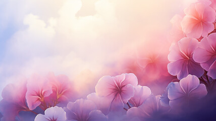 Pink flowers on a background of clouds, romantic greeting card in watercolor style
