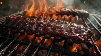 Editorial photography, ribs in a grill with fire, appetite, barbecue, light vs dark tonal contrasts, MM canon, deep textures, high details, hyperrealistic, generated with AI