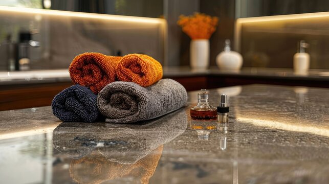 a modern bathroom, where three towels and an eyedropper are carefully arranged, adding a touch of elegance and functionality to the sleek interior design.